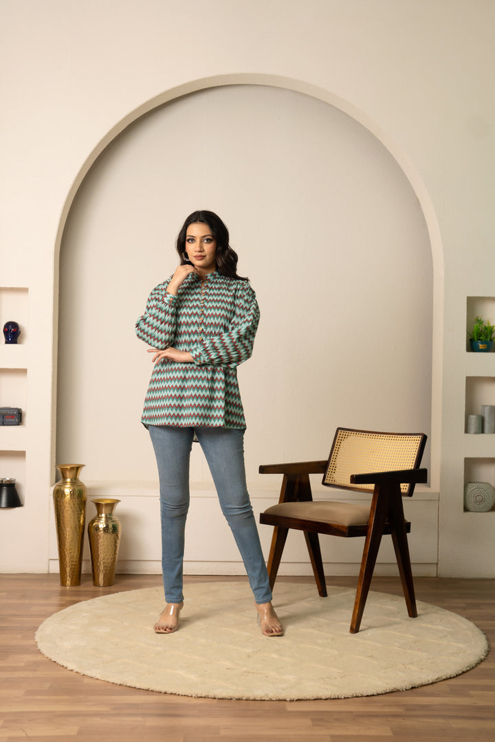 SUKOON RETRO ZIGZAG COTTON TUNIC TOP