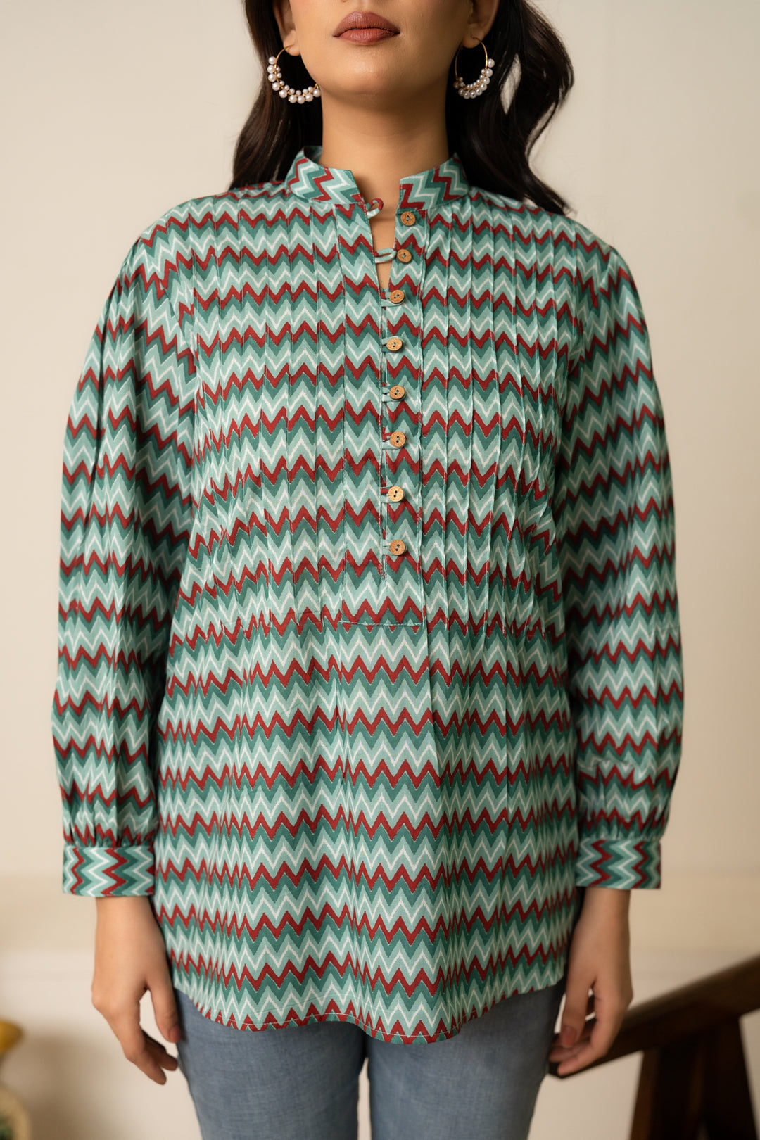 SUKOON RETRO ZIGZAG COTTON TUNIC TOP