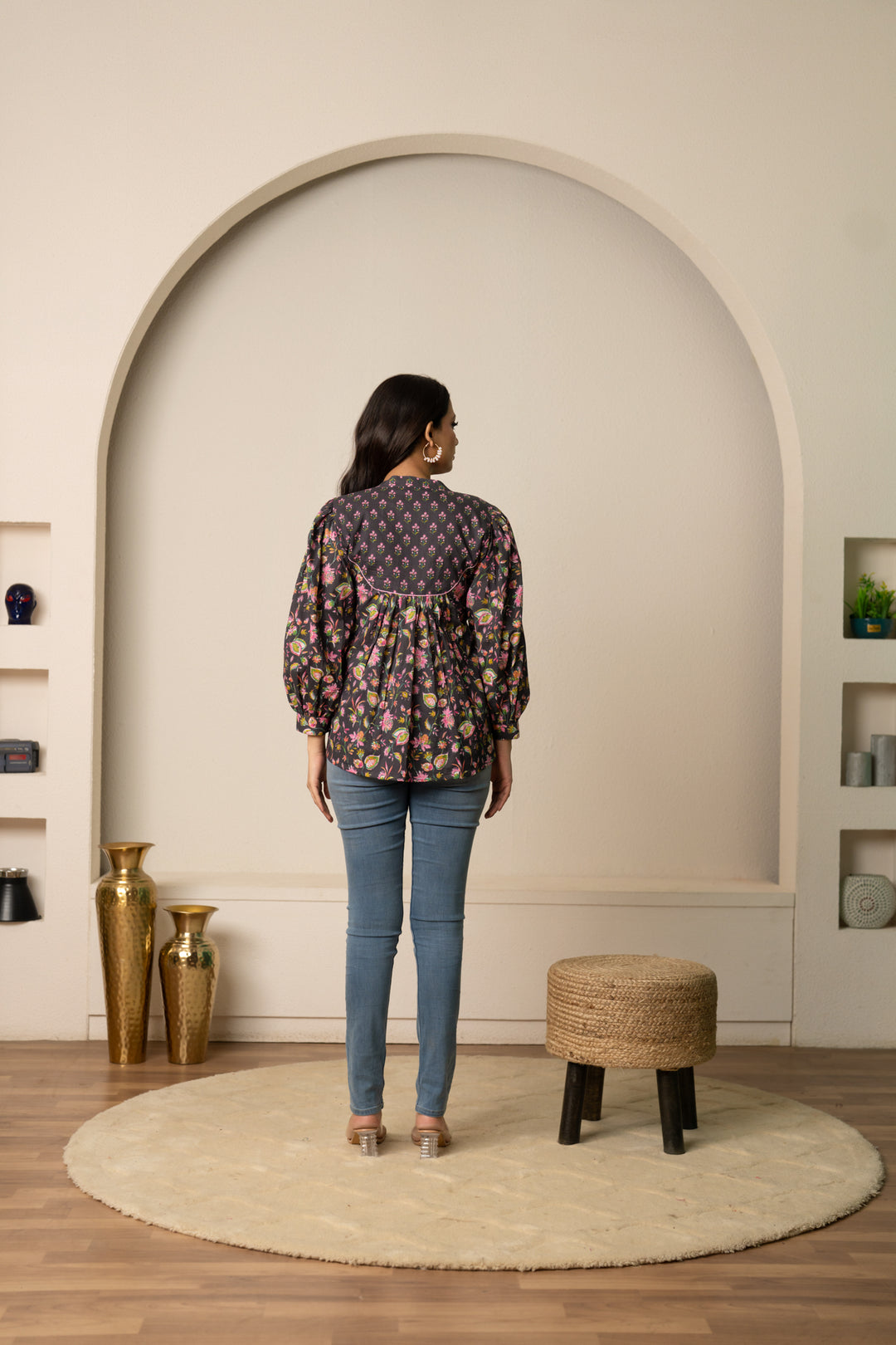 SUKOON DARK GREY FLORAL BOHO COTTON HAND BLOCK TUNIC TOP