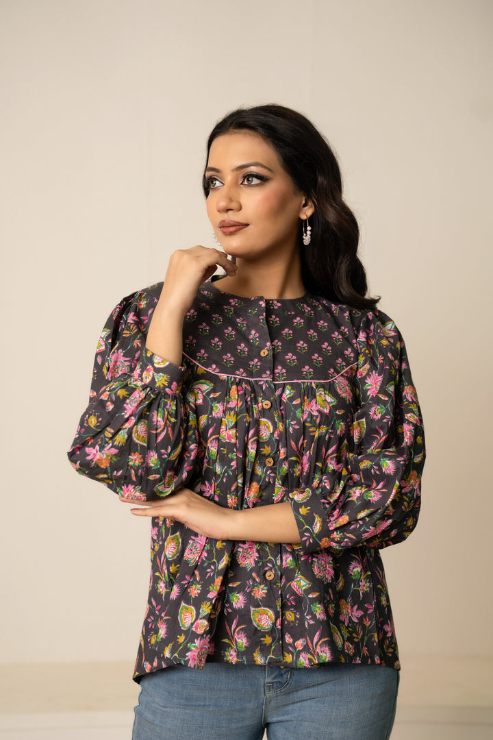SUKOON DARK GREY FLORAL BOHO COTTON HAND BLOCK TUNIC TOP