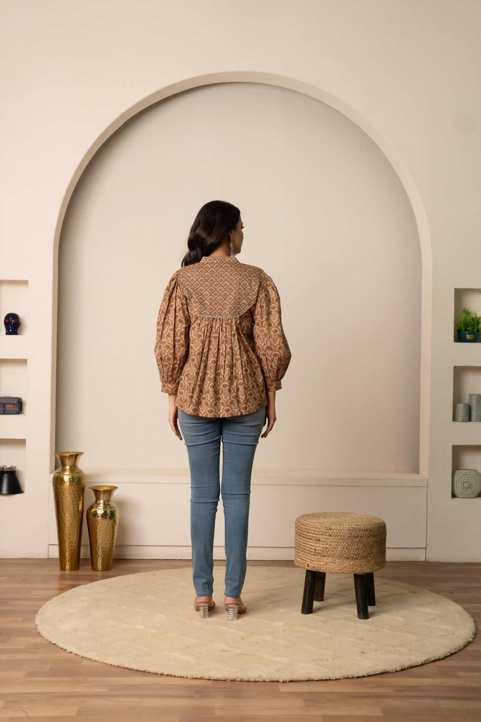 SUKOON  EARTH TONE BUTTON-UP HAND BLOCK COTTON TOP