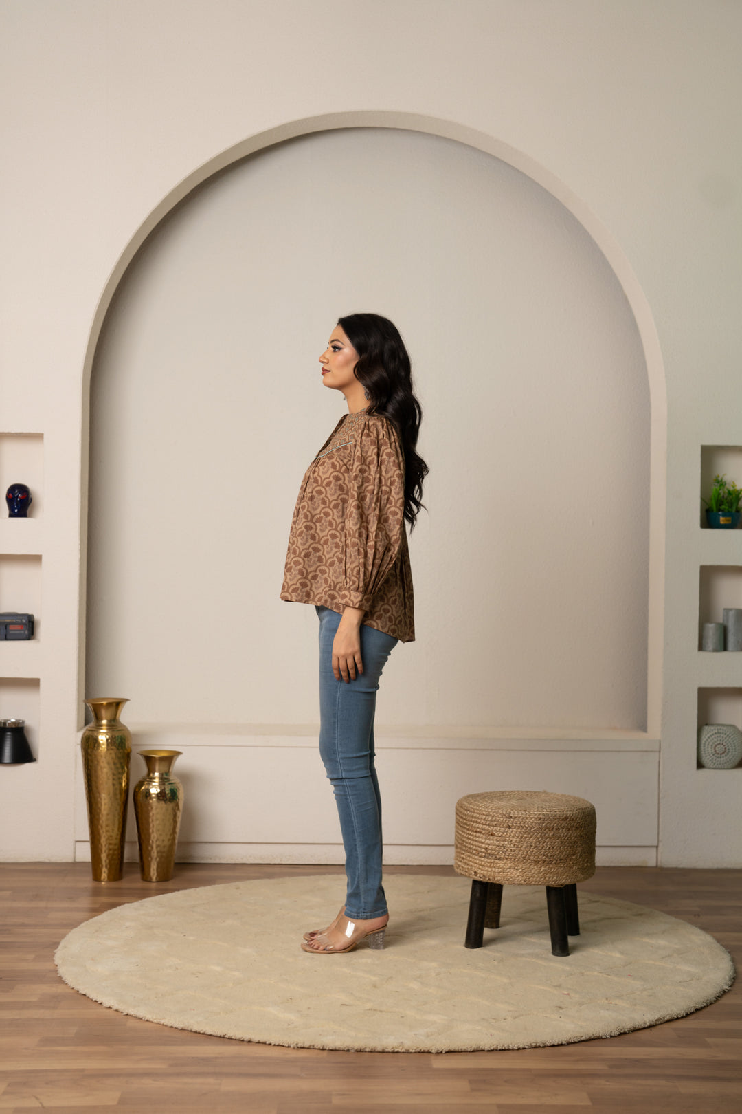 SUKOON  EARTH TONE BUTTON-UP HAND BLOCK COTTON TOP