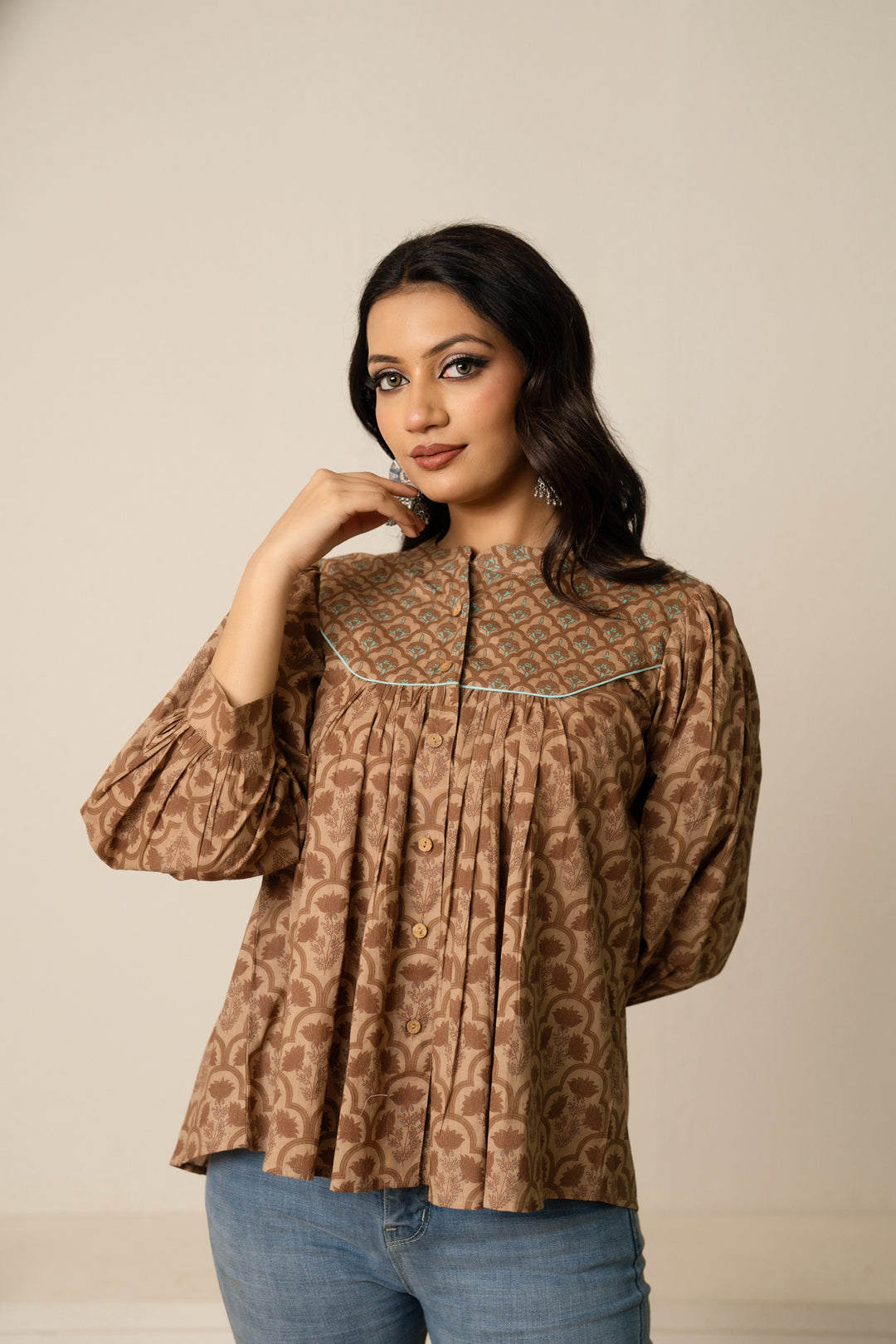 SUKOON  EARTH TONE BUTTON-UP HAND BLOCK COTTON TOP