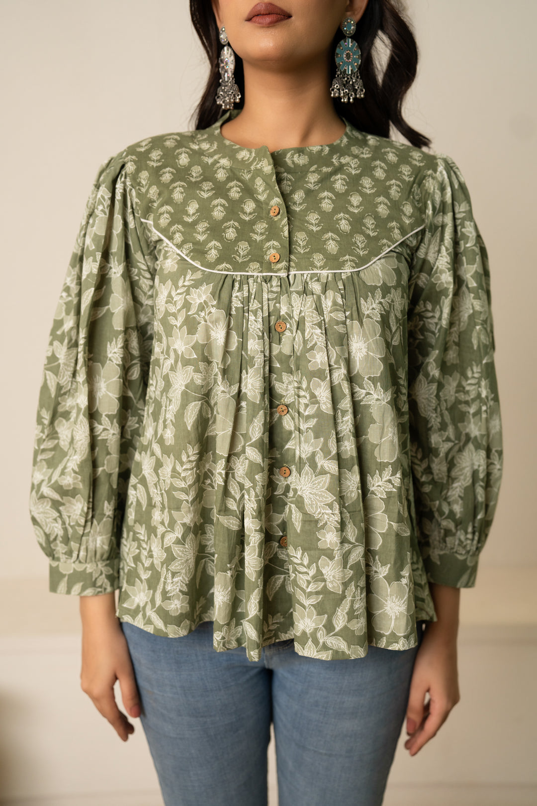 SUKOON OLIVE BOHO BUTTON-UP HAND BLOCK TOP