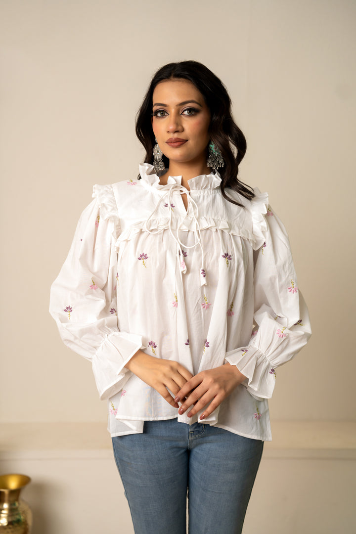 SUKOON WHITE TIE-FRONT EMBROIDERY COTTON TOP