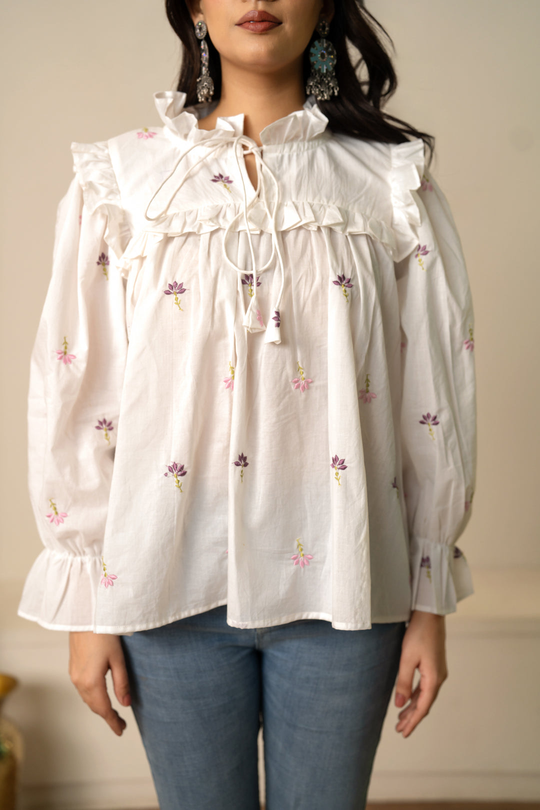 SUKOON WHITE TIE-FRONT EMBROIDERY COTTON TOP