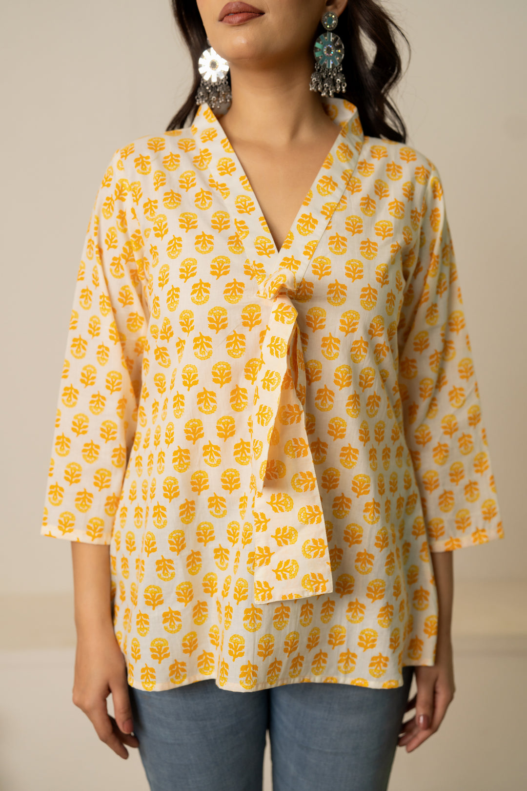 SUKOON THE DOTTY YELLOW COTTON HAND BLOCK TUNIC TOP