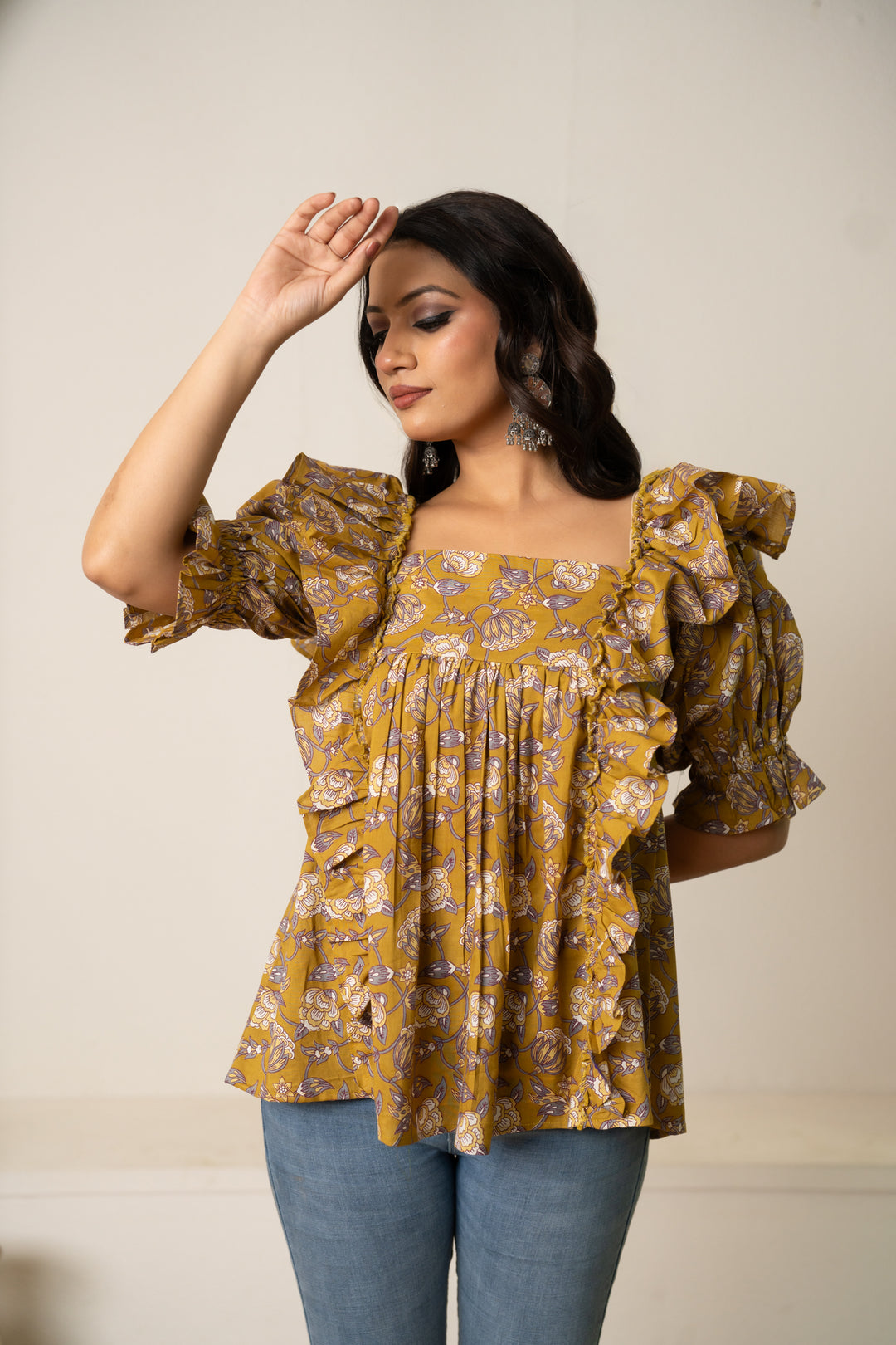 SUKOON OCHRE HAND BLOCK COTTON  BLOOM TUNIC TOP