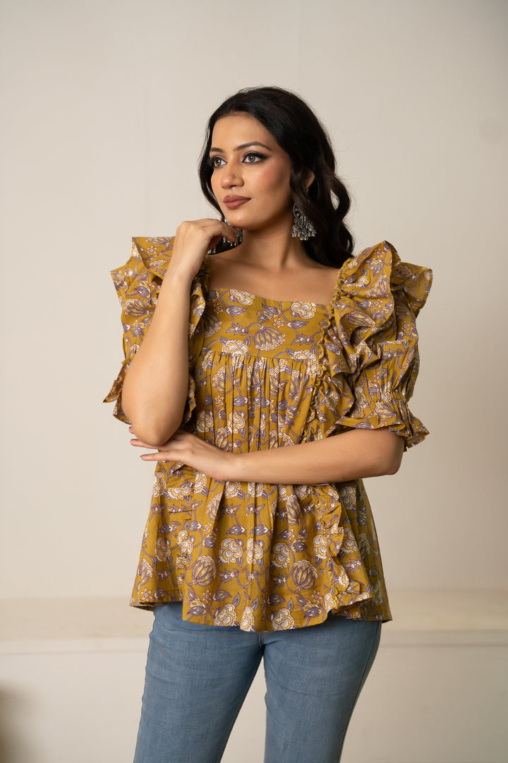 SUKOON OCHRE HAND BLOCK COTTON  BLOOM TUNIC TOP