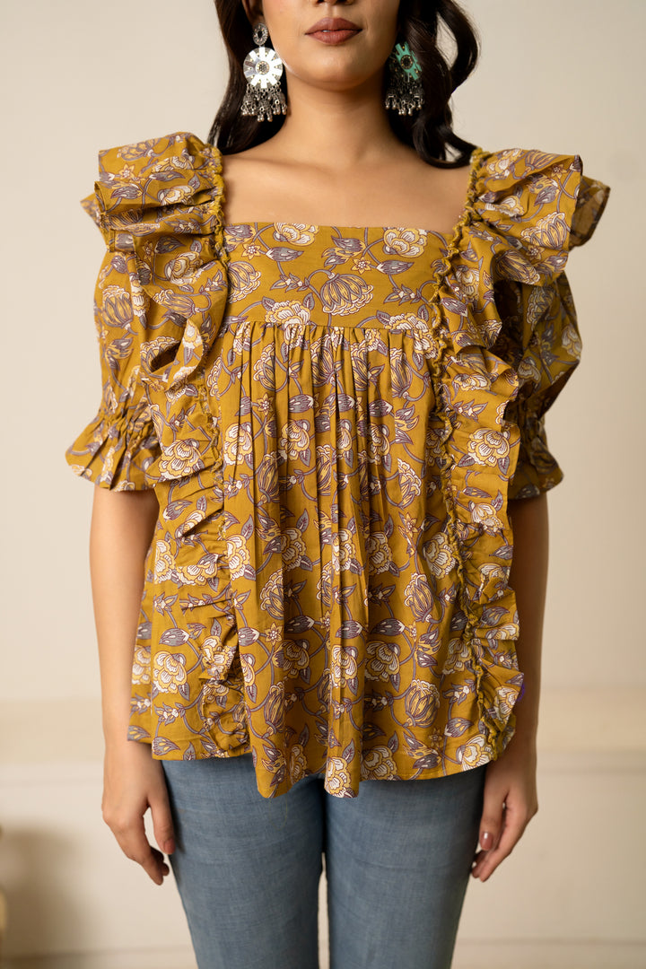SUKOON OCHRE HAND BLOCK COTTON  BLOOM TUNIC TOP