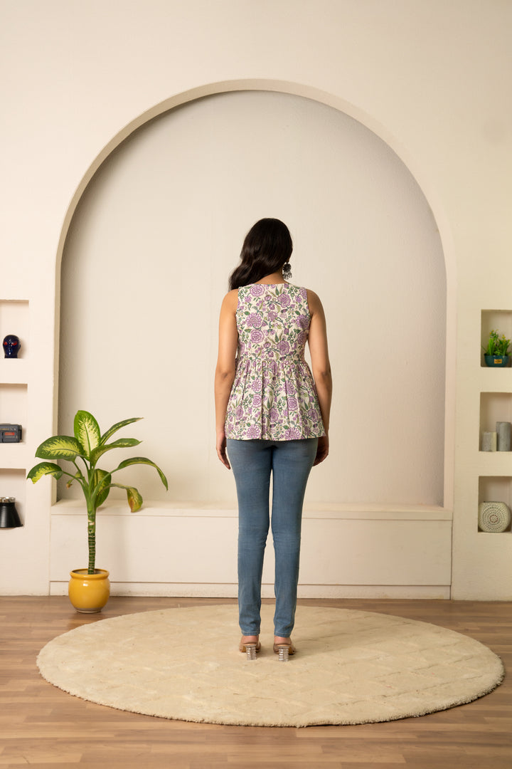 SUKOON PURPLE  FLORAL OFF WHITE HAND BLOCK COTTON  TOP