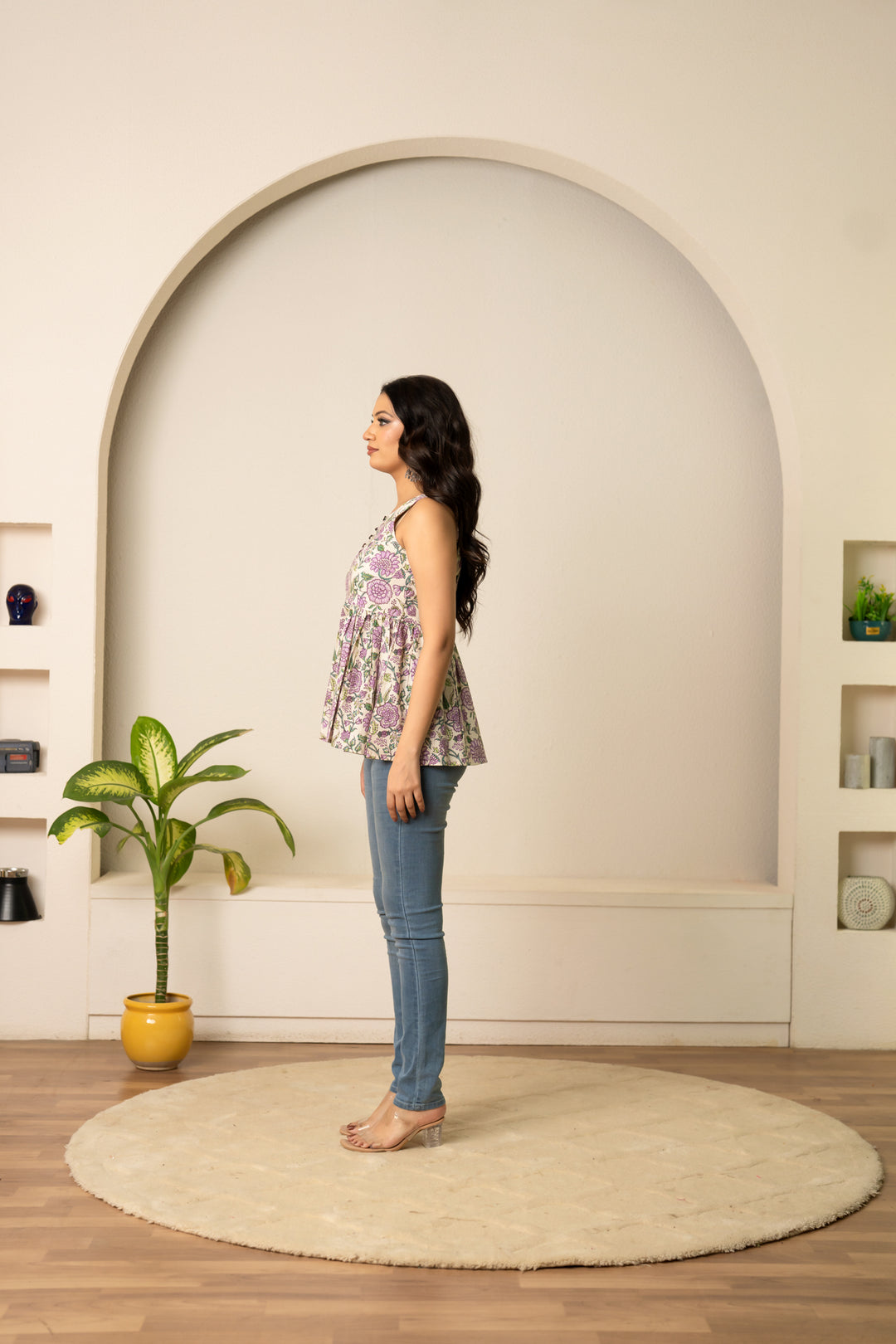 SUKOON PURPLE  FLORAL OFF WHITE HAND BLOCK COTTON  TOP