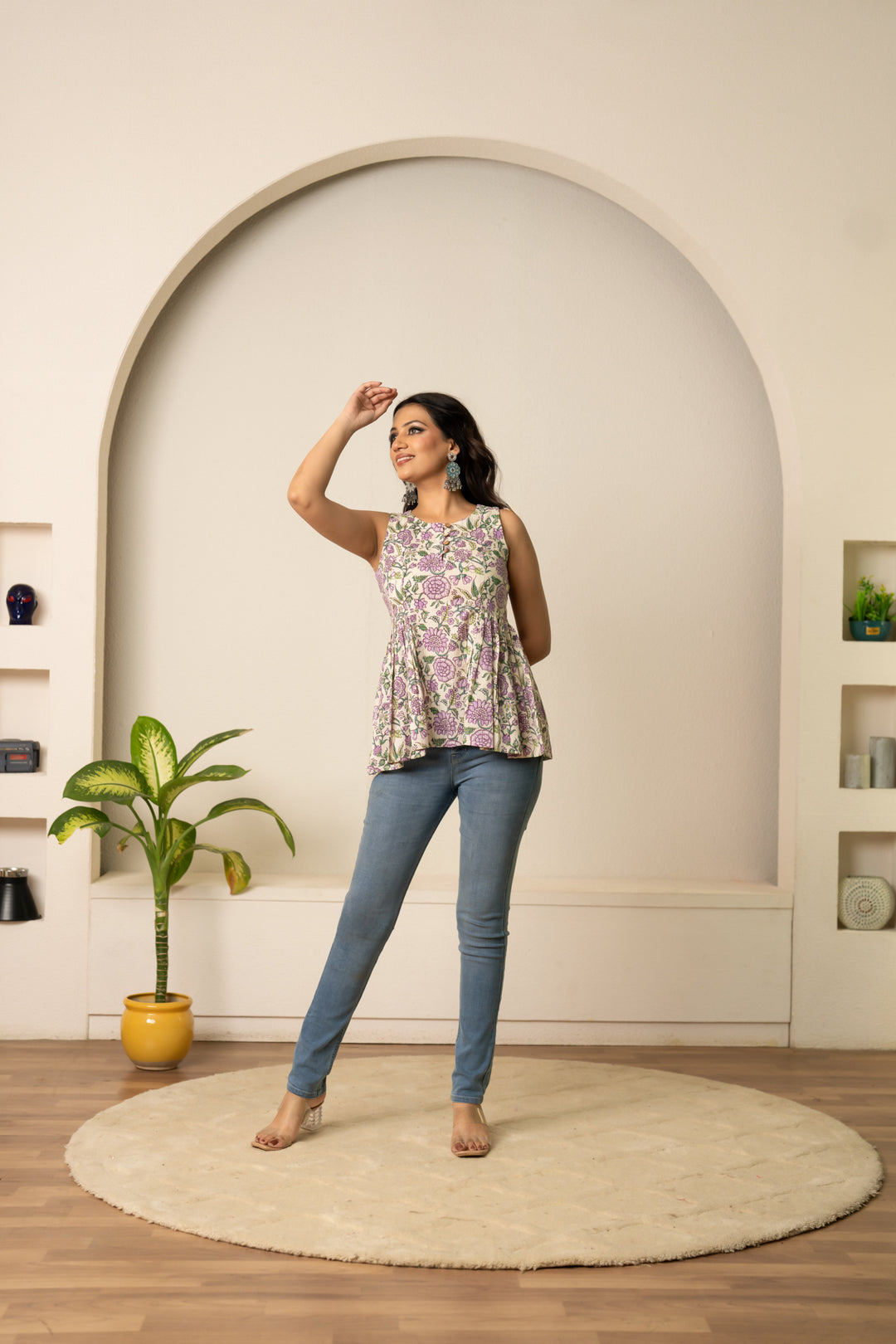 SUKOON PURPLE  FLORAL OFF WHITE HAND BLOCK COTTON  TOP