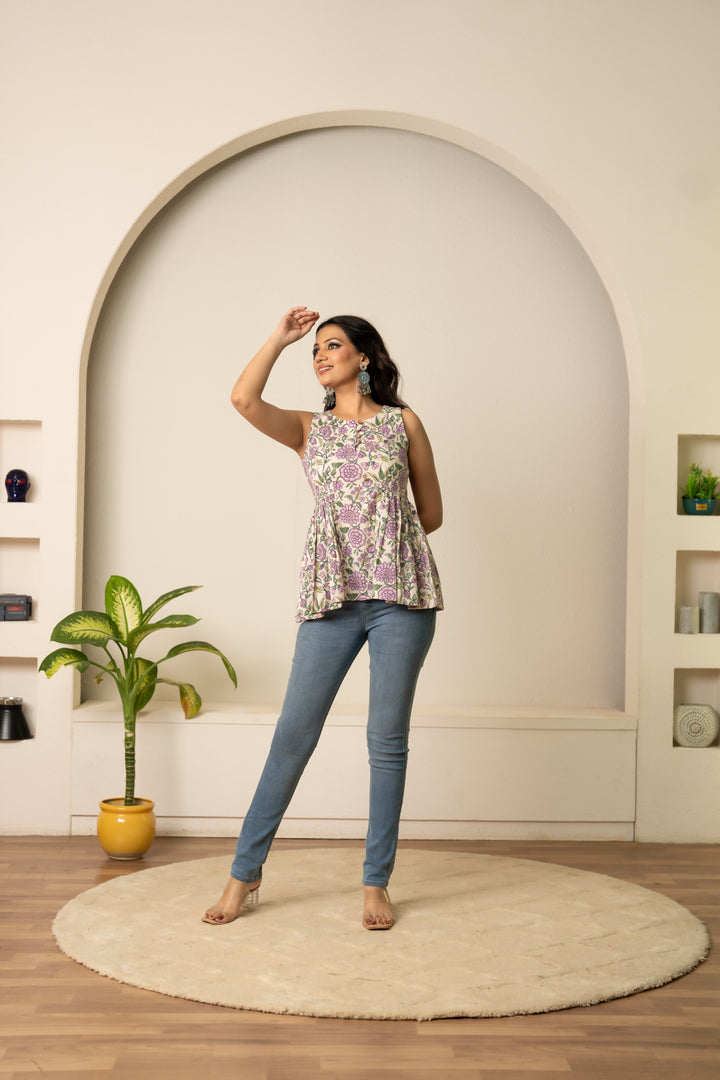 SUKOON PURPLE  FLORAL OFF WHITE HAND BLOCK COTTON  TOP