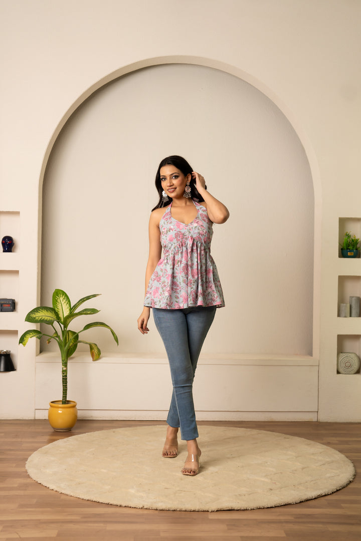 SUKOON SKY BLOOM HALTER NECK COTTON HAND BLOCK TOP