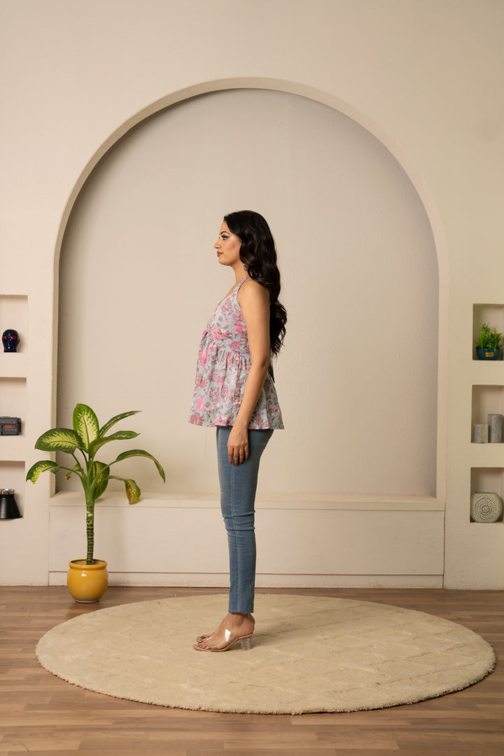 SUKOON SKY BLOOM HALTER NECK COTTON HAND BLOCK TOP