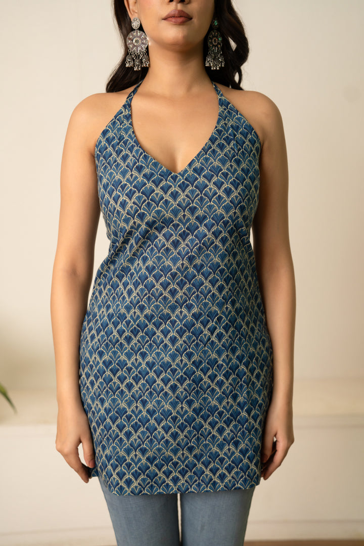 SUKOON CHIC INDIGO BLUE SLEEVELESS COTTON HAND BLOCK TUNIC TOP