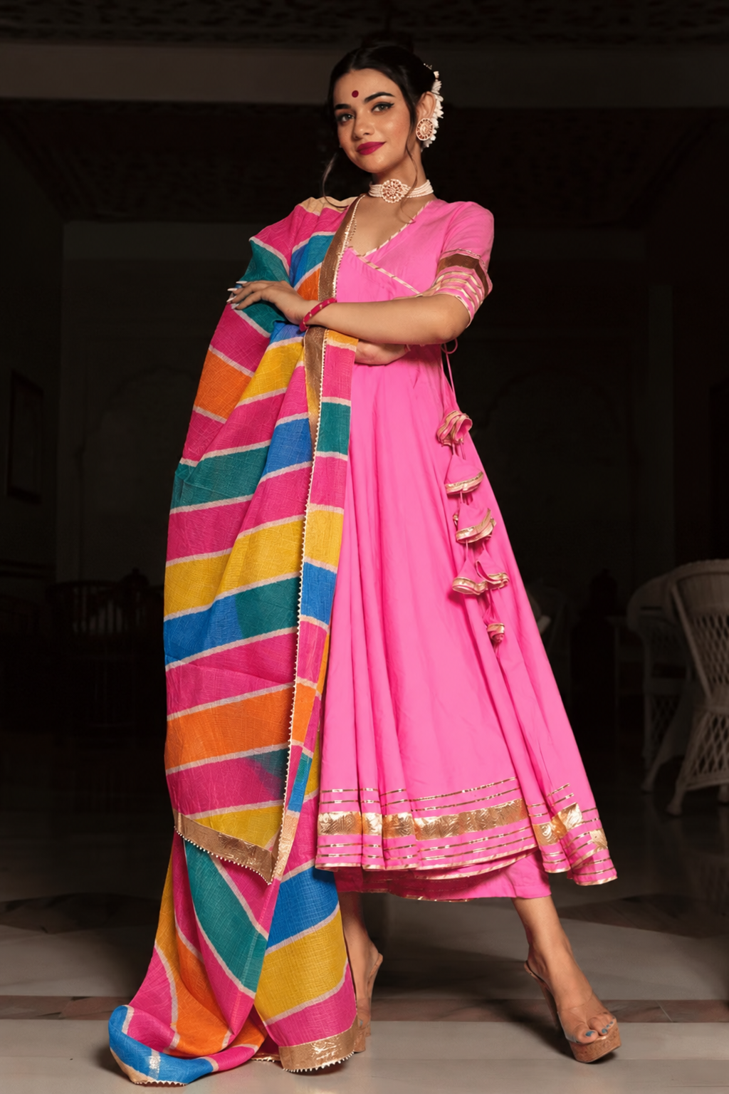 ROSE PINK COTTON ANGRAKHA WITH KOTA DORIA LACE WORK DUPATTA SET