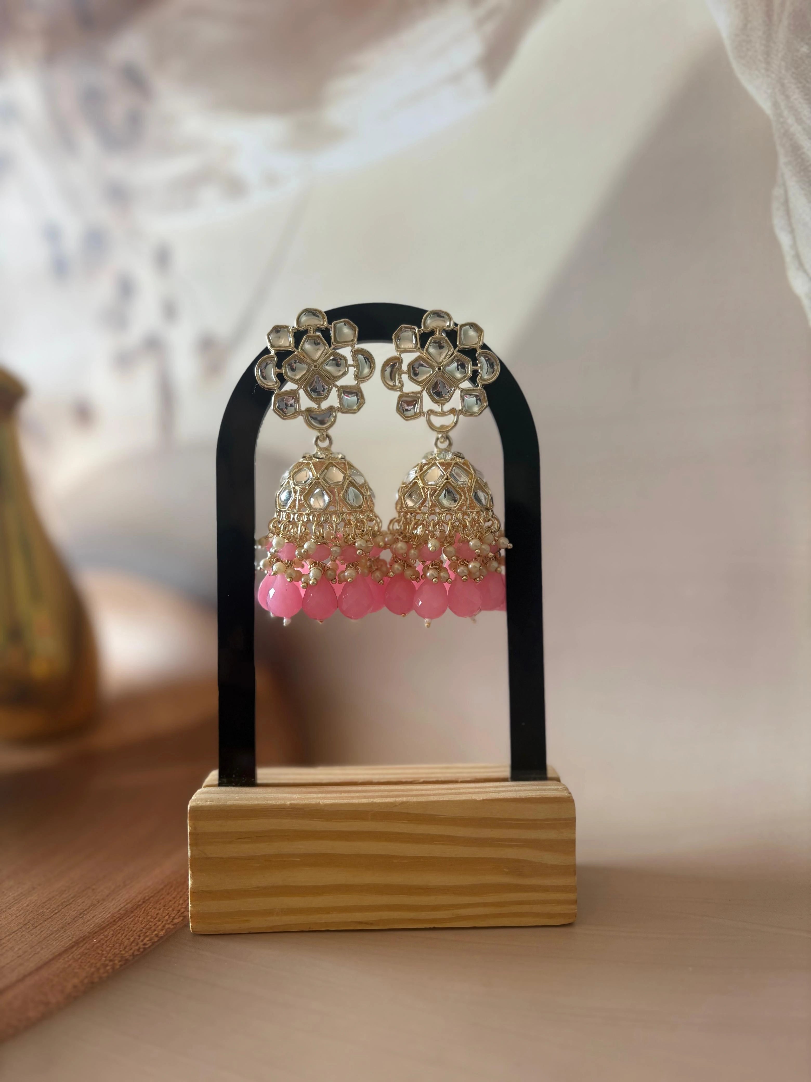 KUNDAN POLKI PINK PEARL EARRING SET