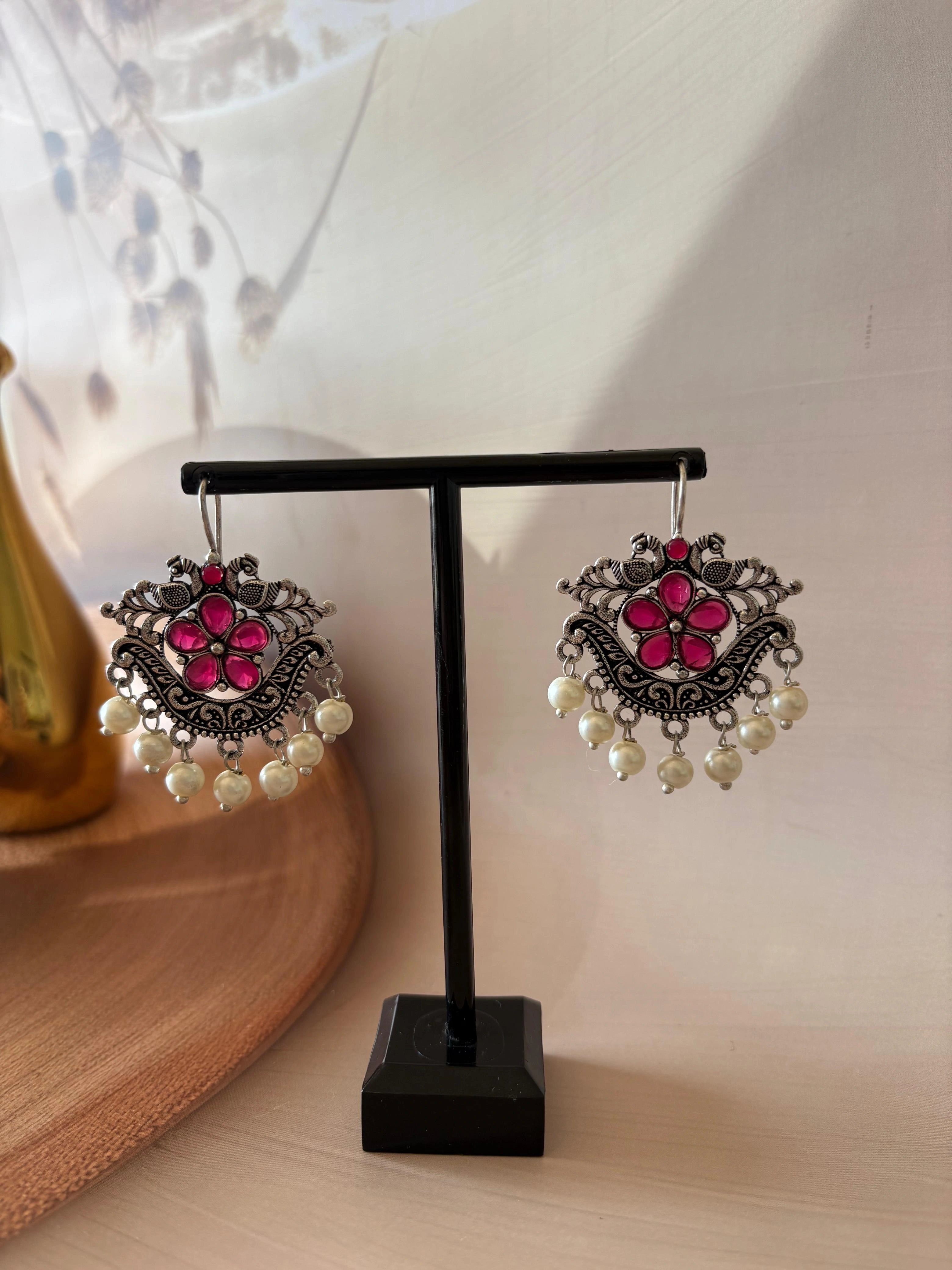 RAANI PINK SILVER OXIDISED STONE STUDDED EARRING SET