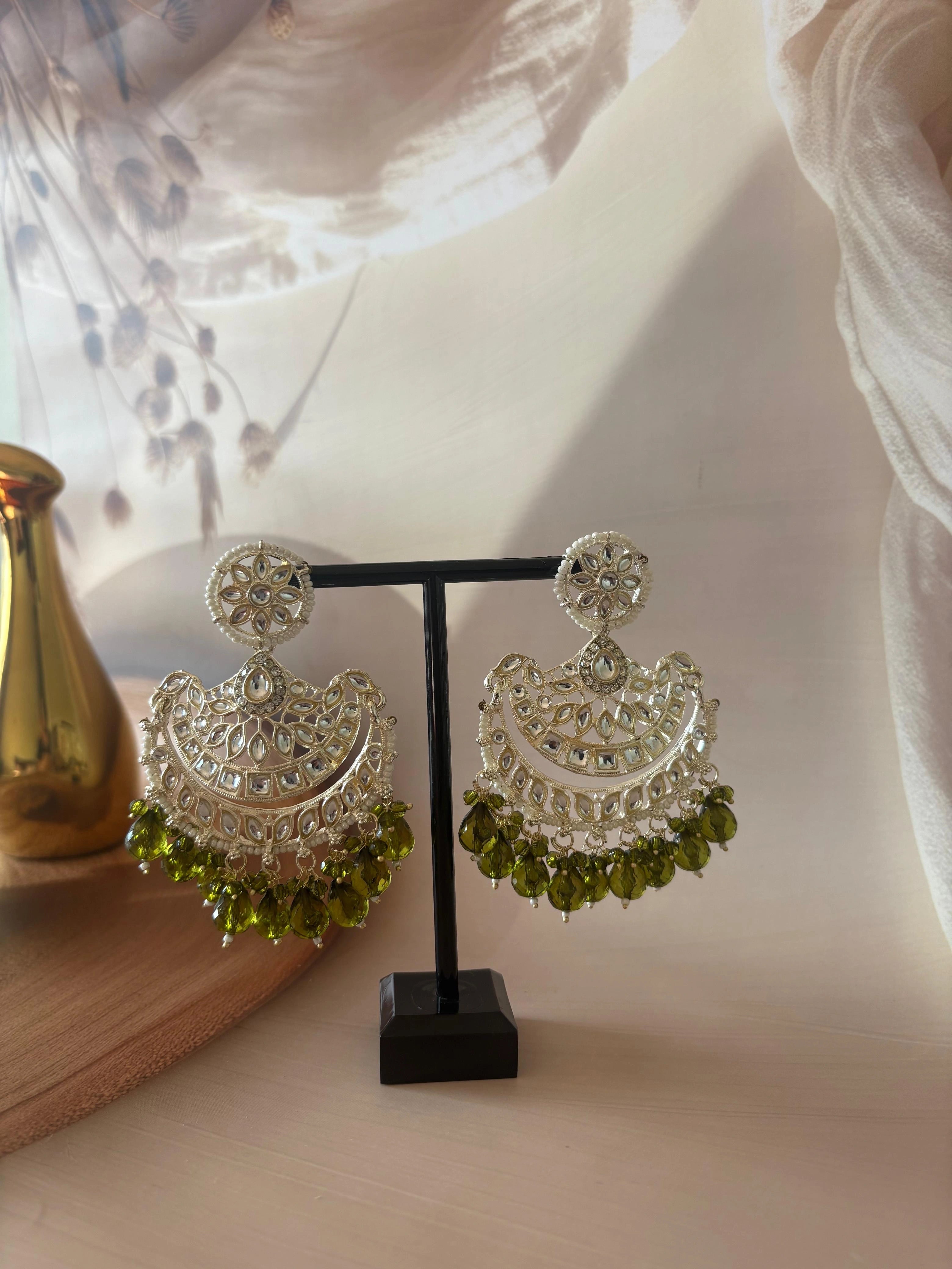 MEHANDI GREEN KUNDAN STUDDED CHANDBALI EARRING SET