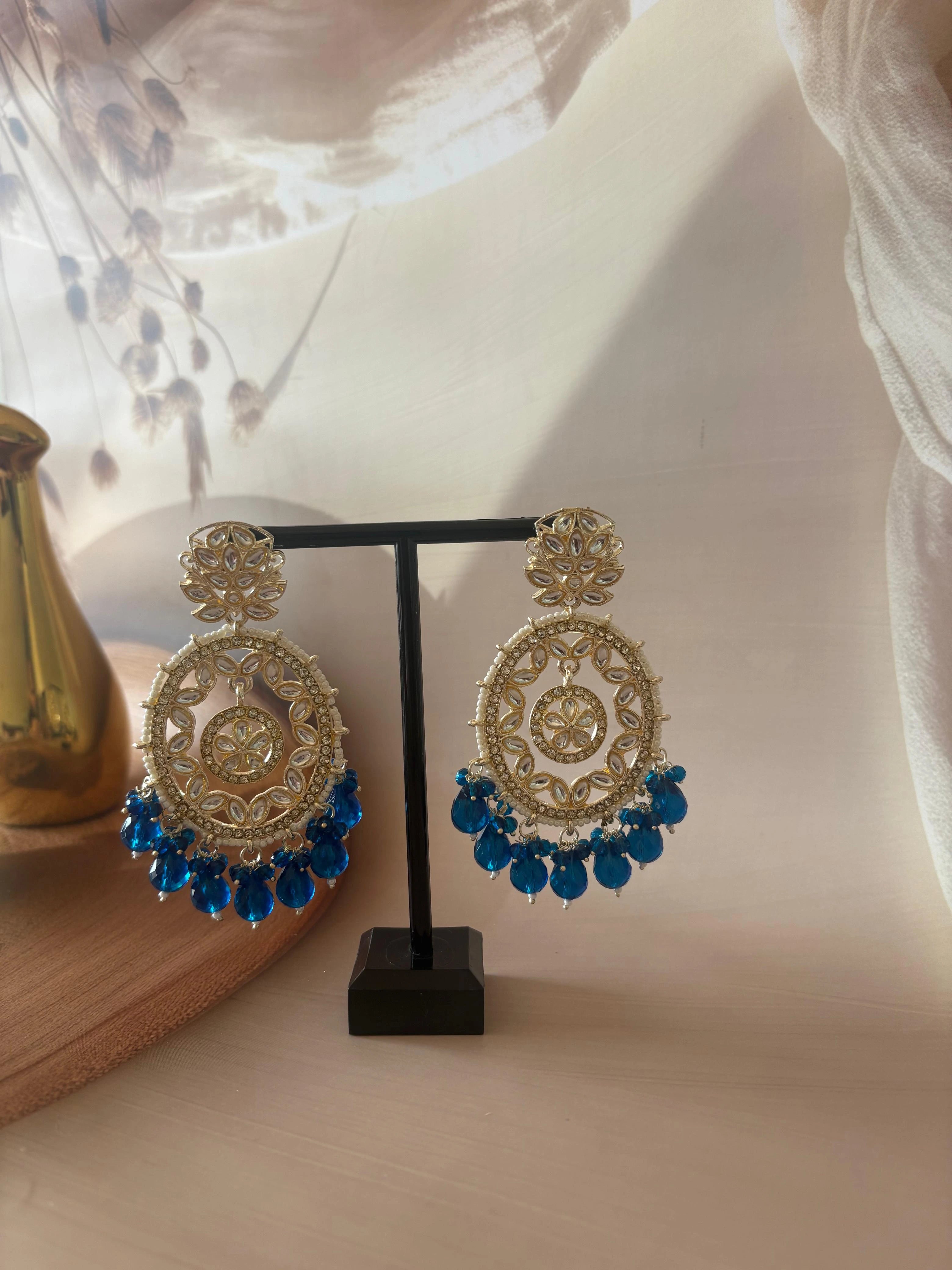 ROYAL BLUE KUNDAN STUDDED CHANDBALI EARRING SET