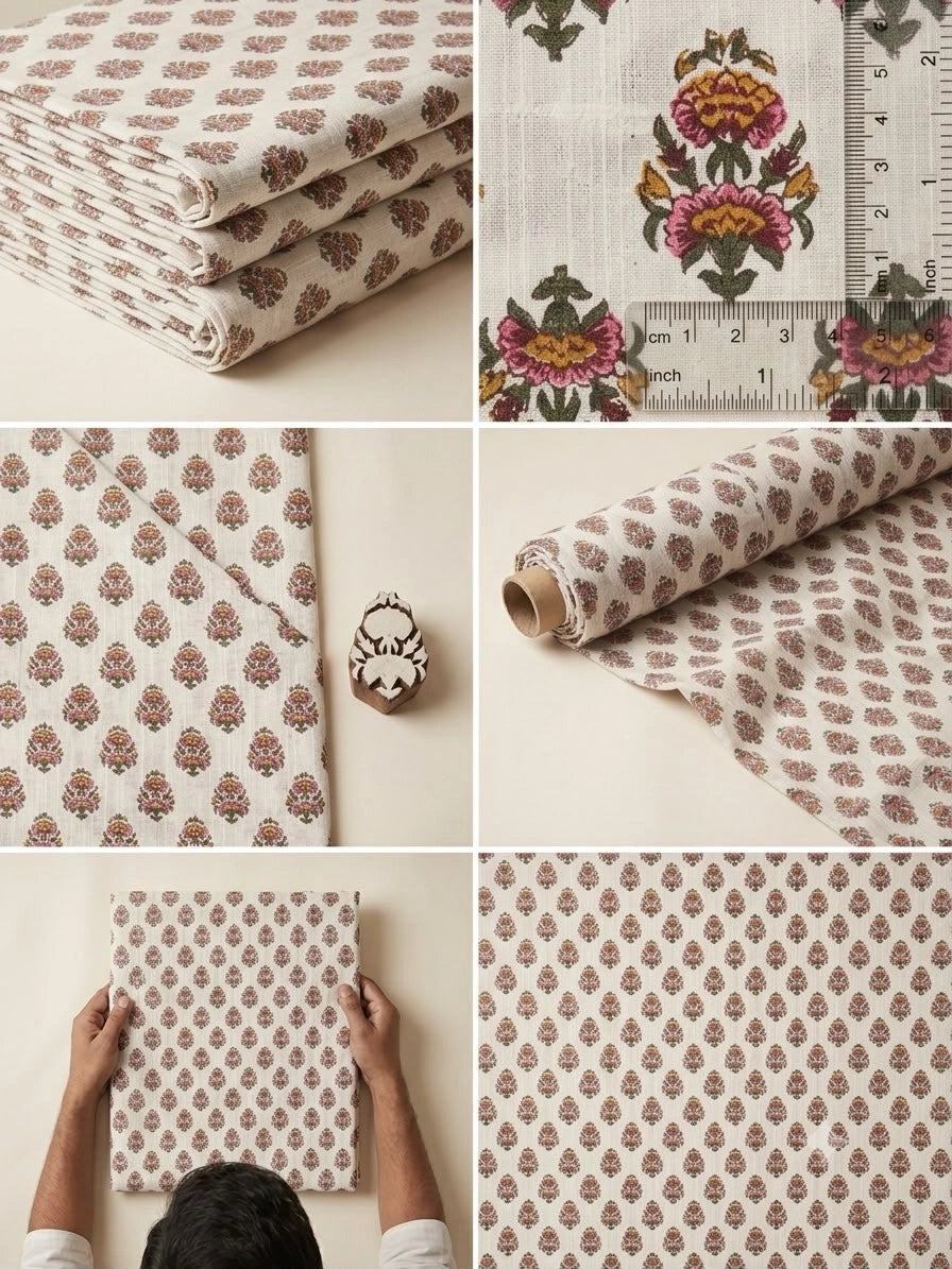 WHITE COTTON BUTTI HAND BLOCK FABRIC