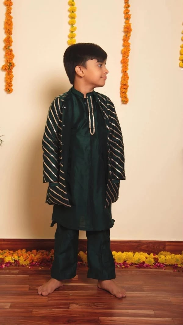 MIMOSA DARK GREEN COTTON SILK GOTTA PATTI WORK FAMILY OUTFIT COMBO