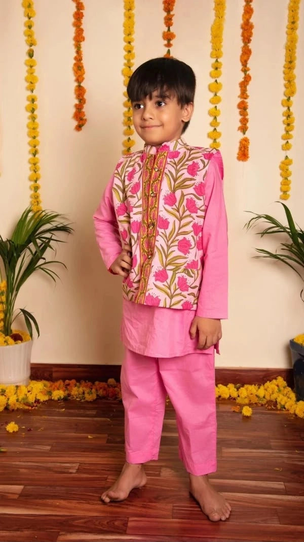 TULSI PINK HAND BLOCK COTTON FAMILY OUTFIT COMBO