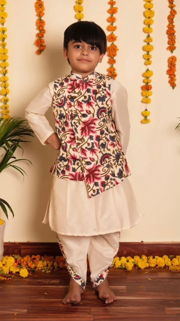 GARDEN ROSE OFF WHITE BLOCK PRINT COTTON FAMILY OUTFIT COMBO