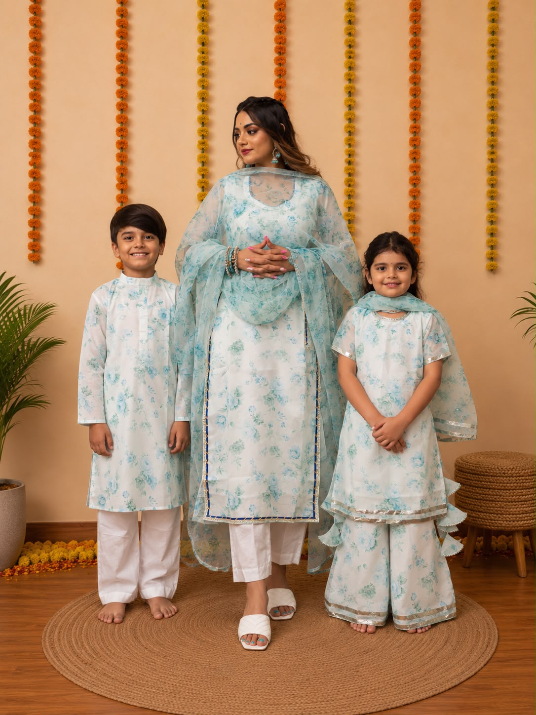 FALAK CHANDERI WHITE FAMILY OUTFIT COMBO