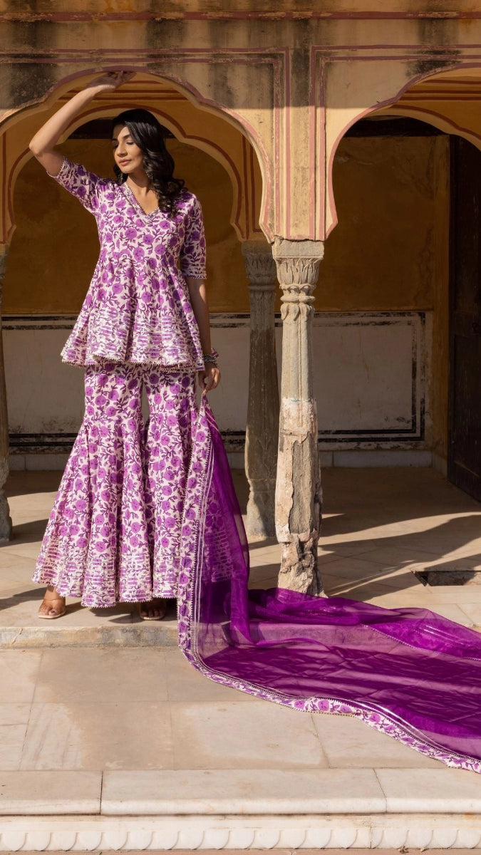 AAFREEN COTTON BLOCK PRINT SHARARA SET - Pomcha Jaipur