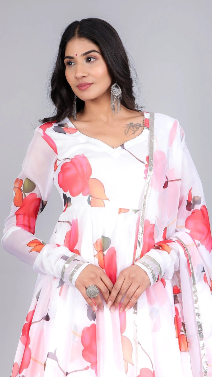 AANCHAL RED PHOOL ORGANZA ANARKALI - Pomcha Jaipur