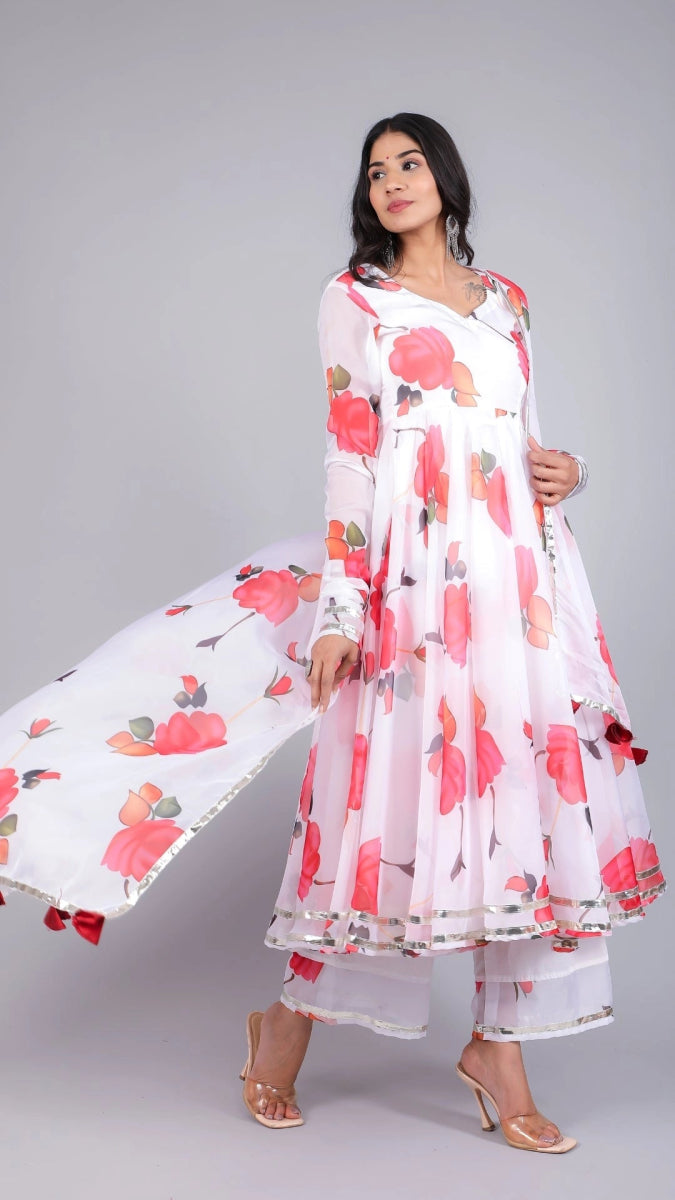 AANCHAL RED PHOOL ORGANZA ANARKALI - Pomcha Jaipur