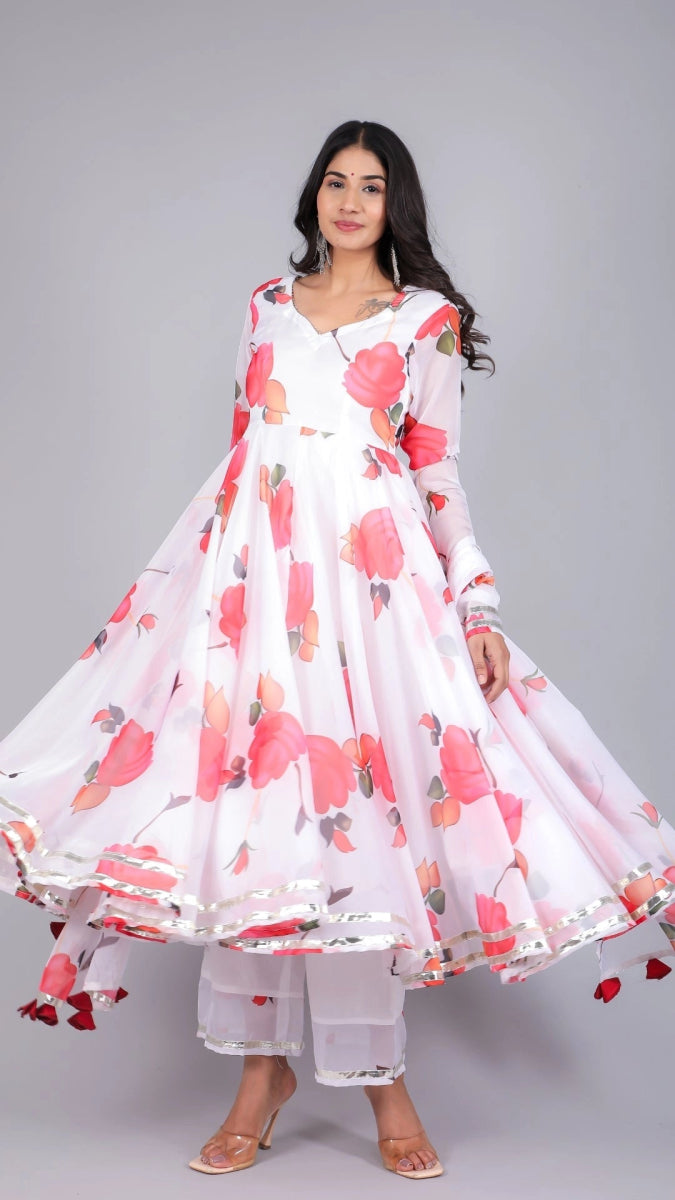 AANCHAL RED PHOOL ORGANZA ANARKALI - Pomcha Jaipur