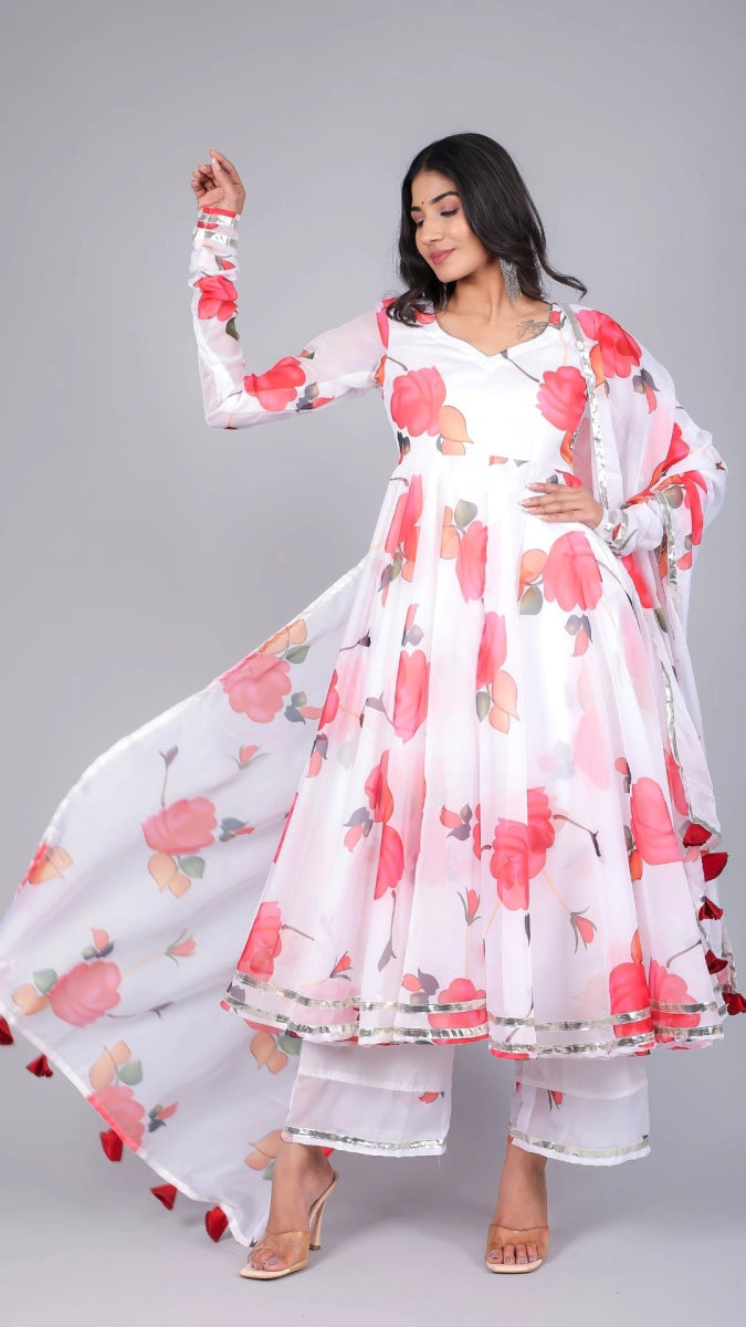 AANCHAL RED PHOOL ORGANZA ANARKALI - Pomcha Jaipur