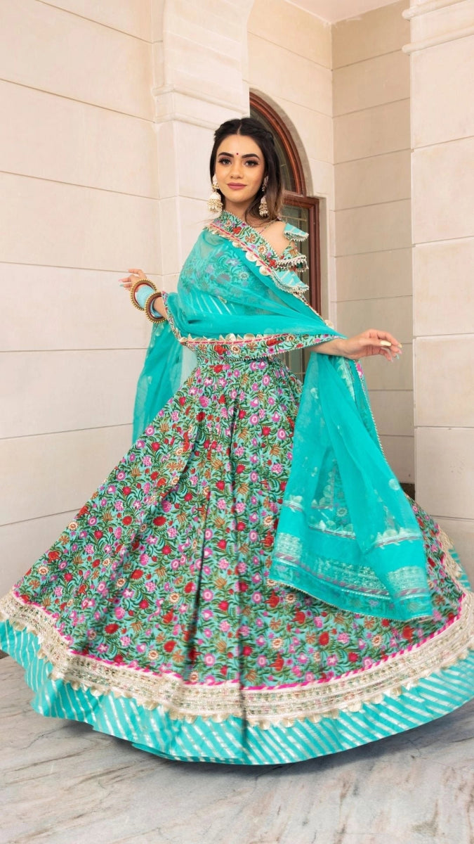 AASMA AQUA BLUE HAND BLOCK PRINT COTTON LEHENGA WITH ORGANZA DUPATTA SET - Pomcha Jaipur