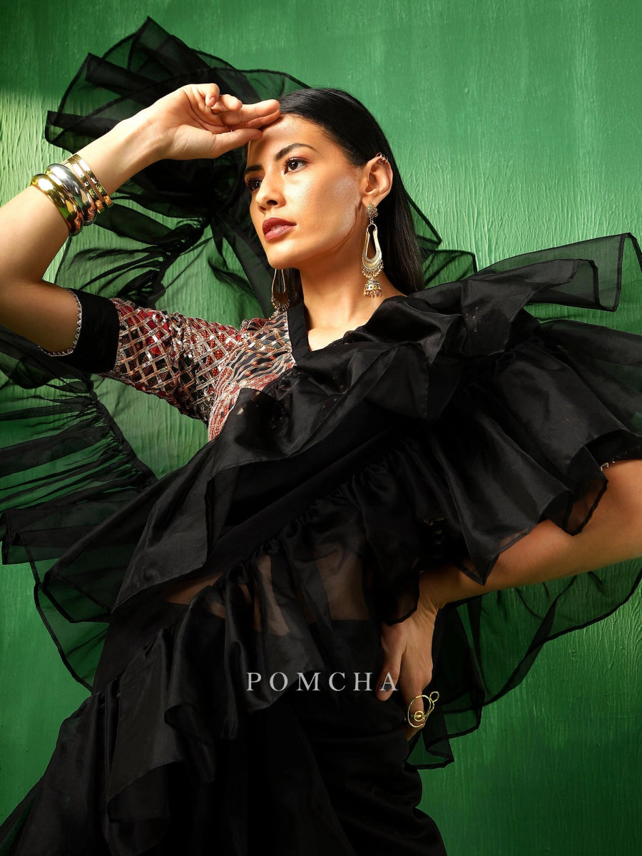 ADAA BLACK ORGANZA RUFFLE SAREE - Pomcha Jaipur