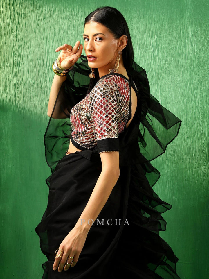 ADAA BLACK ORGANZA RUFFLE SAREE - Pomcha Jaipur