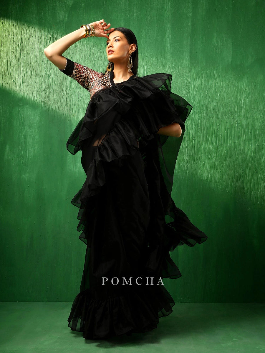 ADAA BLACK ORGANZA RUFFLE SAREE - Pomcha Jaipur