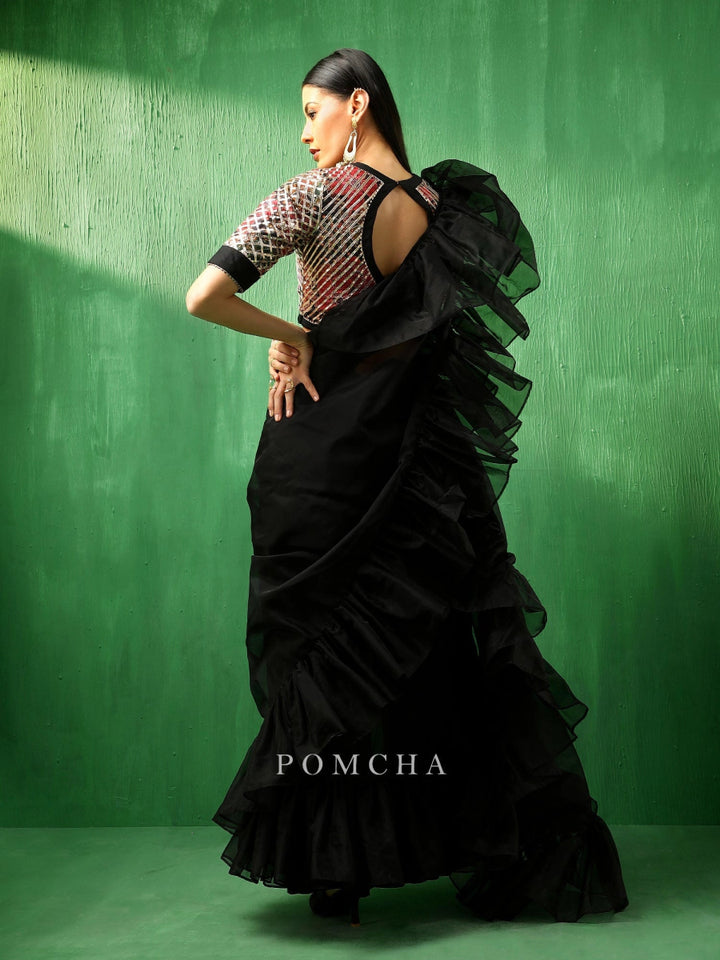 ADAA BLACK ORGANZA RUFFLE SAREE - Pomcha Jaipur
