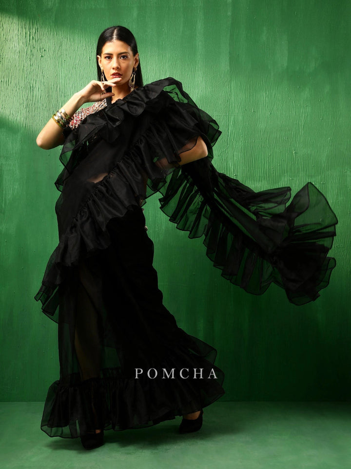 ADAA BLACK ORGANZA RUFFLE SAREE - Pomcha Jaipur