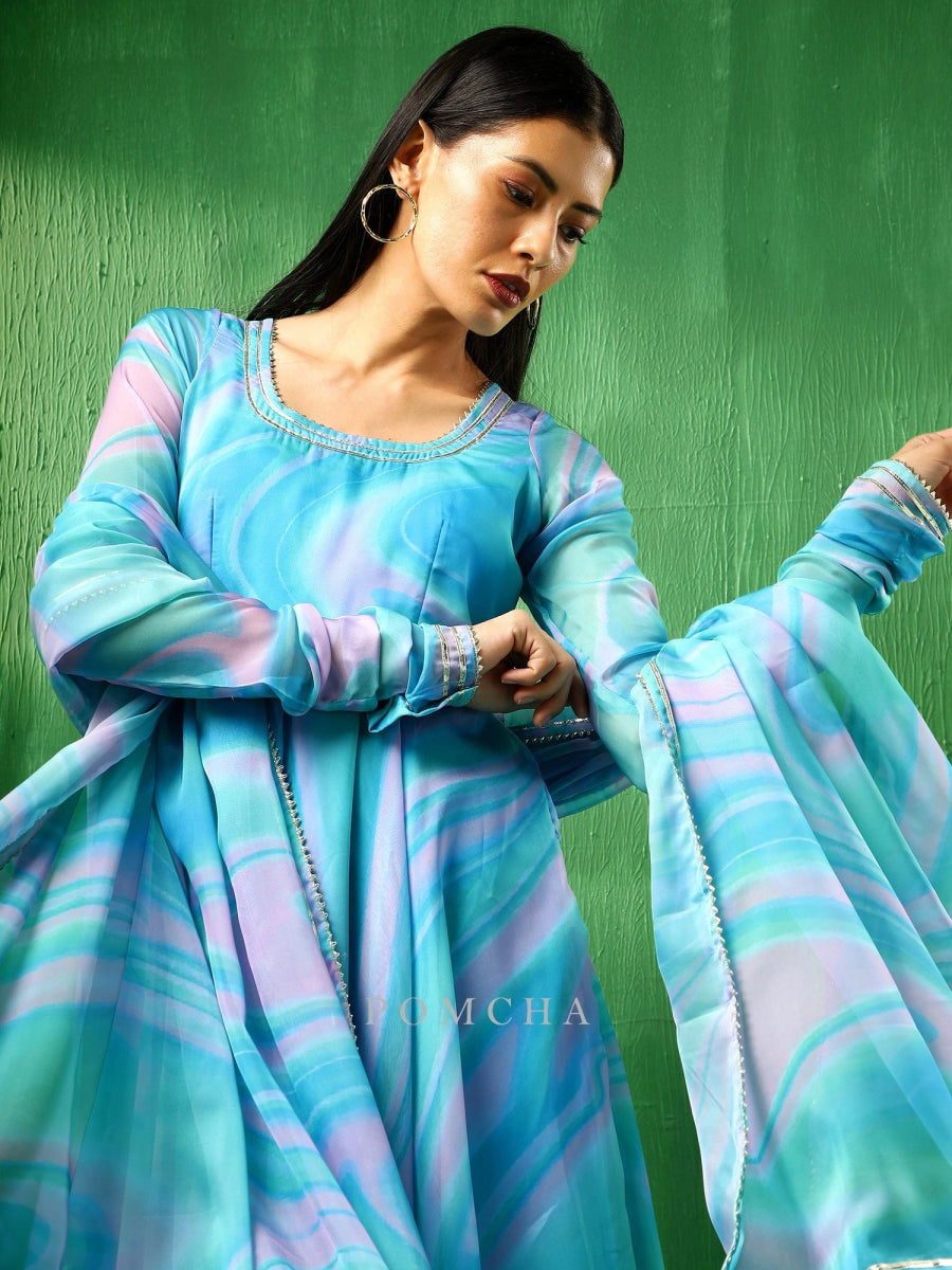 ADAA BLUE MARBLE PRINT ORGANZA ANARKALI SET - Pomcha Jaipur