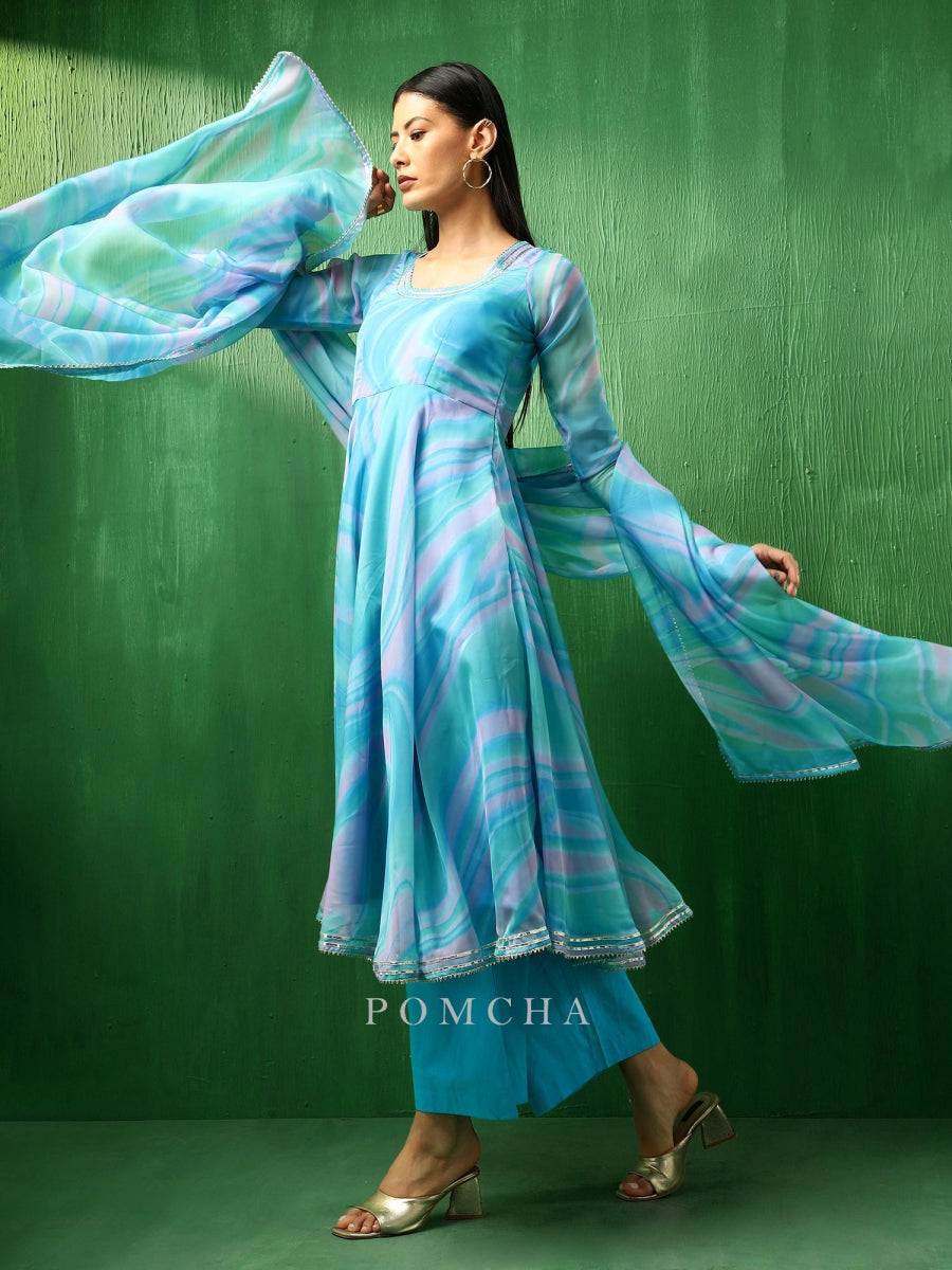 ADAA BLUE MARBLE PRINT ORGANZA ANARKALI SET - Pomcha Jaipur
