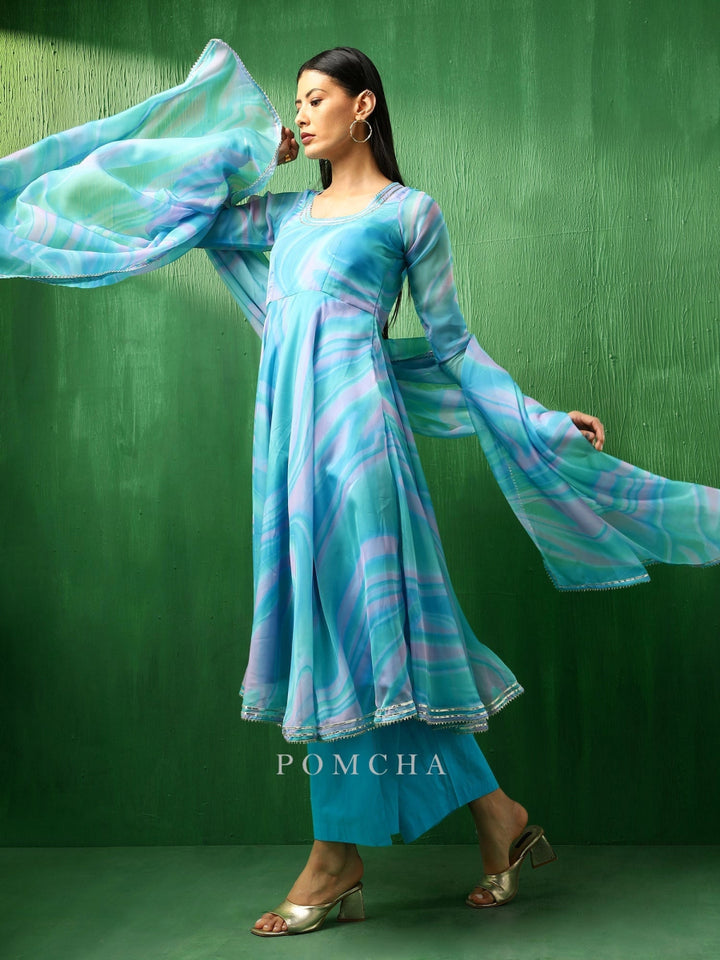 ADAA BLUE MARBLE PRINT ORGANZA ANARKALI SET - Pomcha Jaipur