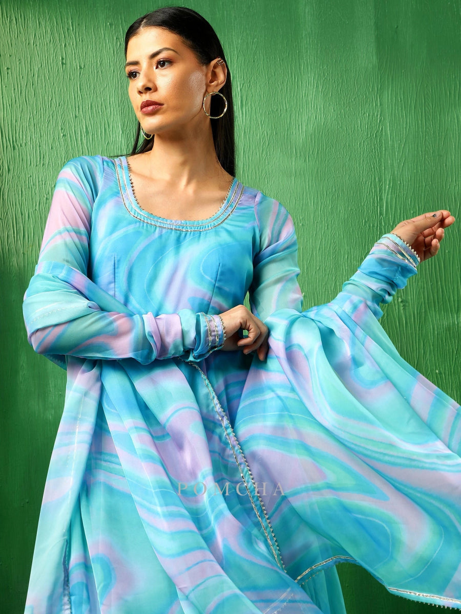 ADAA BLUE MARBLE PRINT ORGANZA ANARKALI SET - Pomcha Jaipur