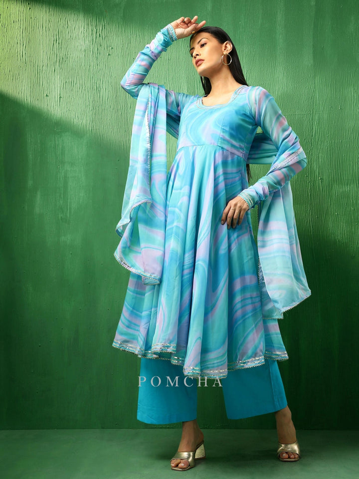 ADAA BLUE MARBLE PRINT ORGANZA ANARKALI SET - Pomcha Jaipur