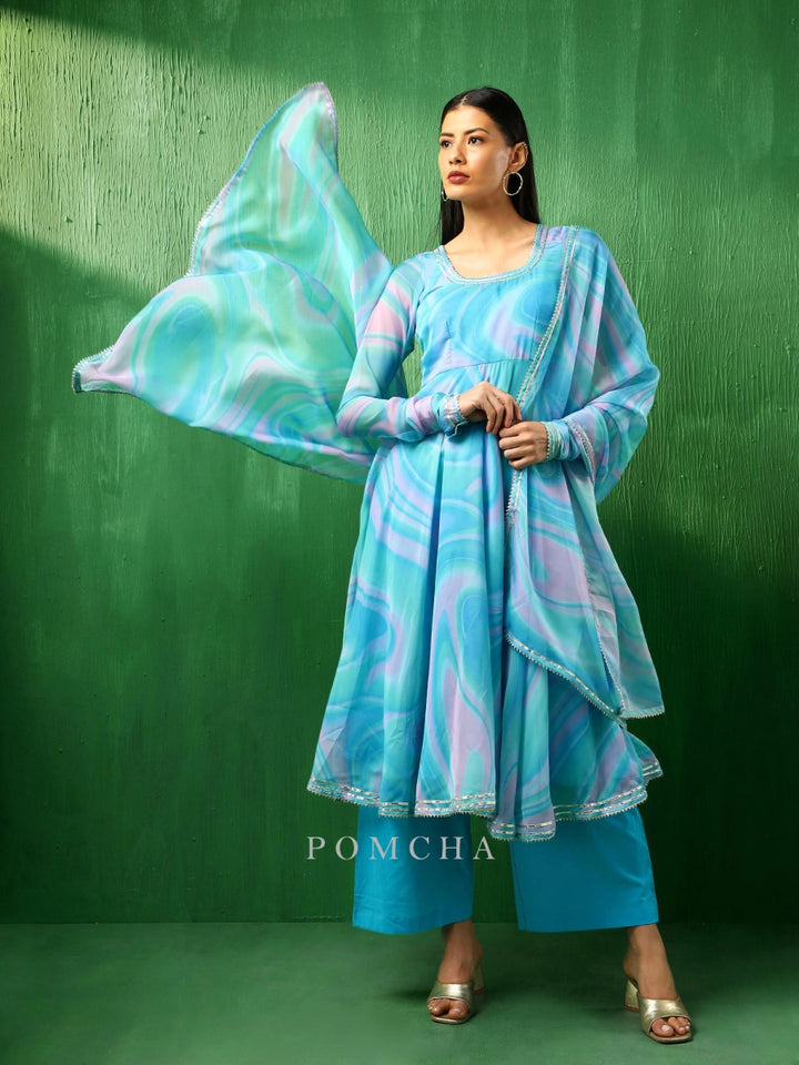 ADAA BLUE MARBLE PRINT ORGANZA ANARKALI SET - Pomcha Jaipur
