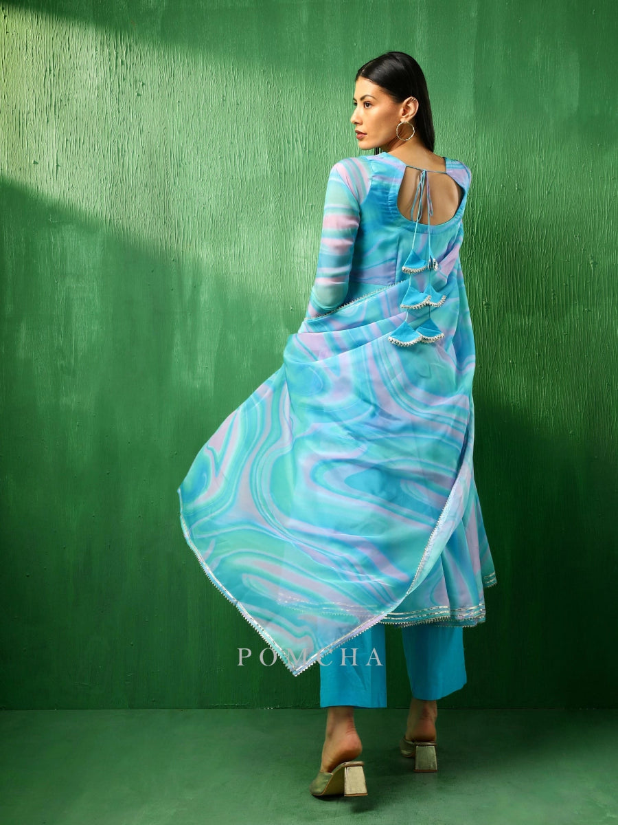 ADAA BLUE MARBLE PRINT ORGANZA ANARKALI SET - Pomcha Jaipur
