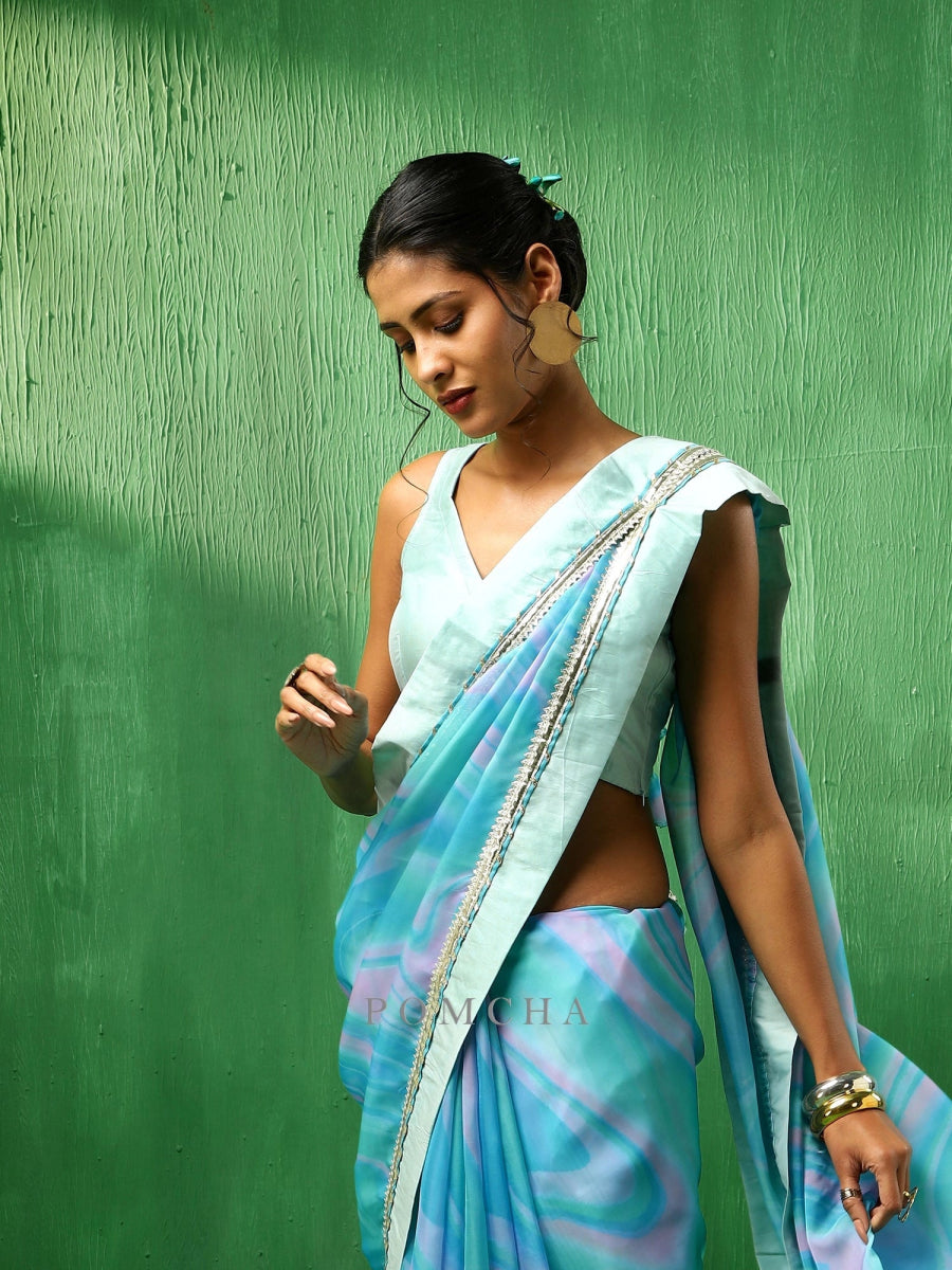 ADAA BLUE MARBLE PRINT ORGANZA SAREE - Pomcha Jaipur
